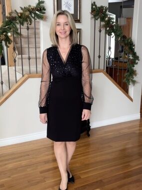NWT - V Neck black dress with sheer sleeves